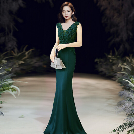 
Cool Huke evening dress for women 2022 new high-end temperament slimming 2022 summer banquet aura queen temperament sexy fish tail apricot color fish tail long M