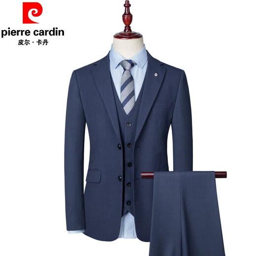 皮尔卡丹轻奢正装西服套装男士三件套商务休闲西装春夏季新郎结婚礼服针织 藏蓝色 (西装+西裤+白衬衫)三件 XL (135-150斤)