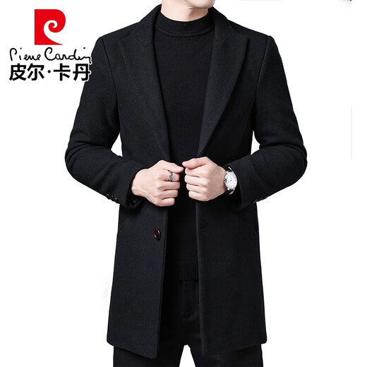 皮尔卡丹（pierre cardin）中长款羊毛大衣外套男高档毛呢大衣尼子料春秋冬西装领西服领毛呢 黑色 190/3XL