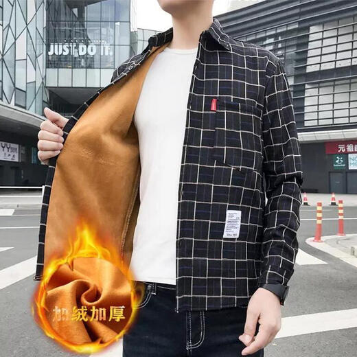熊司令男士保暖衬衫秋冬季格子加绒加厚衬衣长袖港风金丝绒学生休闲外套 9905黑色衬衫 加绒 M