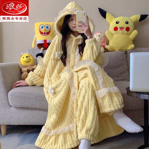 浪莎（LangSha）珊瑚绒睡衣女冬季春秋法兰绒睡袍保暖加绒加厚冬天长袖家居服套装 SSM-9195 睡袍+裤子 M 75斤-100斤