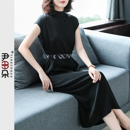 Yin Duoduo silk dress 2020 spring and summer new large size women's slimming and temperament commuter mother's wear fashionable light luxury mid-length heavy mulberry silk high-end skirt women's black 2XL