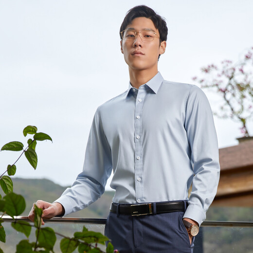 YOUNGOR long-sleeved shirt men's plain DP no-iron shirt cotton fabric comfortable, breathable, flat, anti-wrinkle and easy to care for Lake Blue 41 (175/96A)