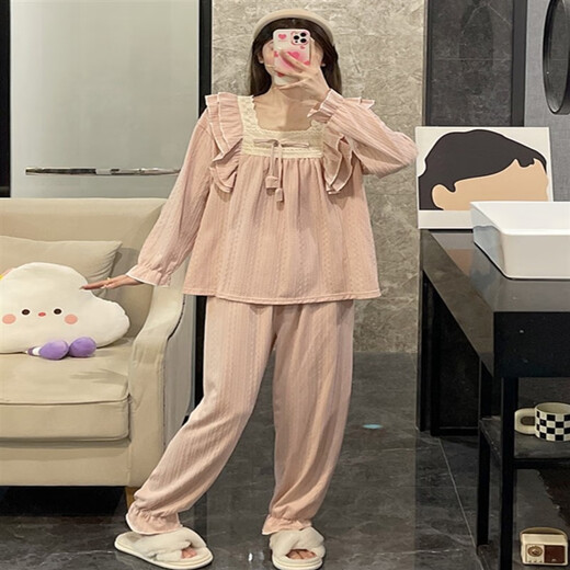 
Huinubi Princess Style Long Sleeve Pajamas Women's Spring and Autumn Pure Cotton 2023 New Pink Lace Autumn and Winter Home Clothing 9904# Pink (Double-length)[S]45 2XL 140-160Jin[Jin equals 0.5 kg]