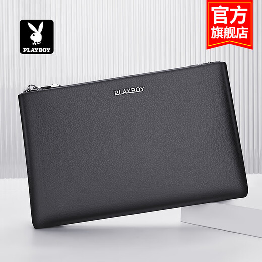 Playboy men's handbag first layer cowhide clutch bag men's bag business large capacity envelope bag clip bag casual bag black