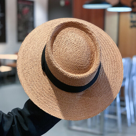 Jincheng Internet celebrity summer vacation beach sun protection straw hat men and women hand-woven wide-brimmed flat-brimmed socialite French top hat MA114 black strap/khaki flat-brimmed top hat adjustable