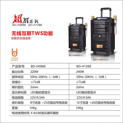 Beide Audio Superior 0886 Series Outdoor High Power Square Dance Audio Portable Trolley Mobile Bluetooth Speaker Subwoofer Home Heavy Bass Karaoke with Wireless Microphone 1586 15-inch+ Microphone