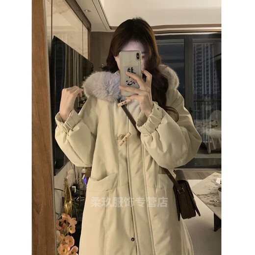 Wei Jie Nebensaison Down Jacke für Frauen mit langer Freigabe 2024 New Cotton Mid-Winter Fashion Koreanischer Stil verdickte Überkneejacke off-weiß (9922# Haarkragen Farbkontakt Kundendienst) S Vorschlag 85-105jin [Jin gleich 0,5 kg]