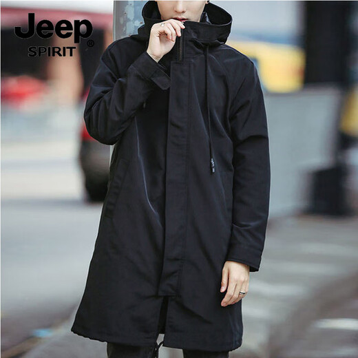 JEEP SPIRIT Jeep Windbreaker Men's Mid-Length British Style Korean Style Trendy Spring and Autumn Thin Jacket Men's Casual Coat Black Regular L 125-140Jin Jin is equal to 0.5 kg