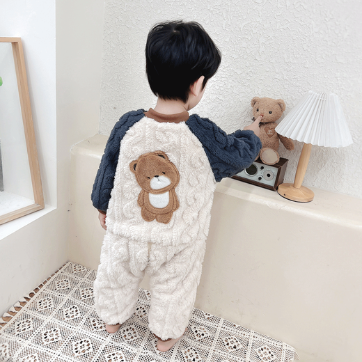 Kexin baby children's clothing children's flannel coral velvet one-piece pajamas autumn and winter double-layer thickened boy baby home clothes anti-kick sleeping bag picture color 100 size recommended 2-3 years old (height around 95)