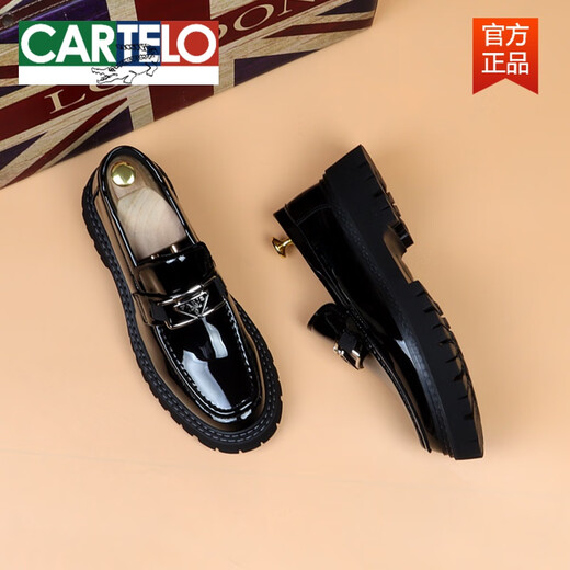 CARTELO new men's casual leather shoes, patent leather slip-on slip-ons, glossy thick-soled large leather shoes, business formal wear, black heightening 39