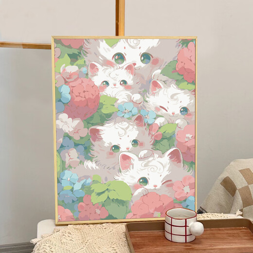 可爱猫咪数字油画diy填充涂色手工手绘系卡通丙烯油彩装饰画 qx12353 30*40cm加厚实木内框+装饰外框(