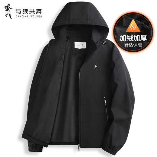 Danser avec le loup [ajoutant du velours] Veste à capuche amovible pour hommes 2024 Automne et hiver Nouvelle texture Plaid Veste pour hommes décontractés 1047 noir 001 L (175)