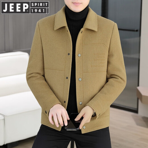 JEEP SPIRIT羊毛呢外套男士短款双面尼大衣2024秋冬新款男装加厚呢子夹克 黑色【款】 180/XL【130-150斤】