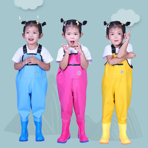 Children's waterproof pants, children's waders, play water one-piece clothes, rain boots, kindergarten waterproof, catching the sea, children, men and women, children's yellow overalls, with pockets, 31 shoes, inner length 19.5cm