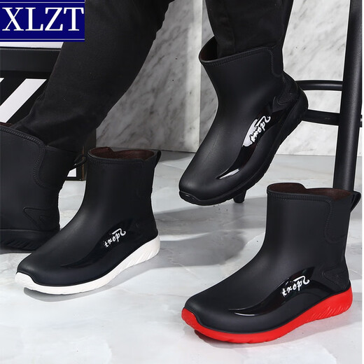 XLZT new rain shoes men's fashionable water shoes men's short tube flat-soled casual rain boots fishing waterproof work shoes non-slip rubber shoes 829 black single shoes [standard size] 43 265mm