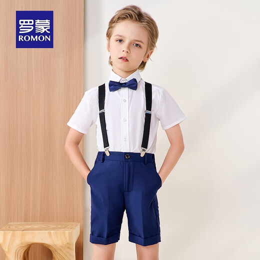 罗蒙儿童背带礼服套装男童礼服钢琴演出服中大童英伦风 藏青套装 170
