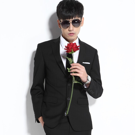 Yhv suit suit men's slim fit youth interview suit business formal wear solid color college student best man wedding adult ceremony 1611 black two buckle XL (175) recommended 120-135Jin Jin equals 0.5 kg