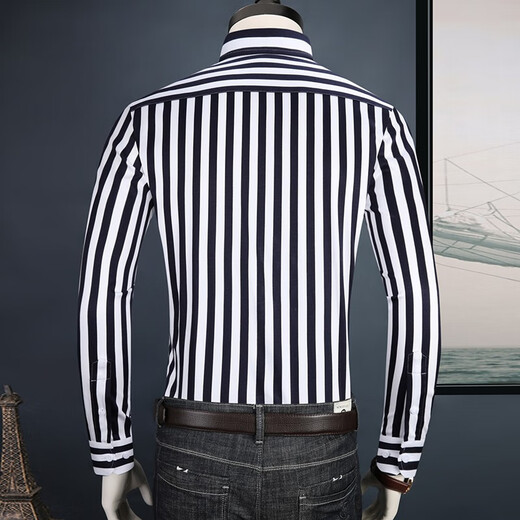 Talentiertes Yijia Vertikales gestreiftes Hemd Herren-Langsamen, schlanker Baumwollkoreaner-Stil gutaussehender Frühlings-Männer modisches lässiges Hemd-Hemd-Mode-Fashion Anti-Falten-Marine Streifen 5009 39