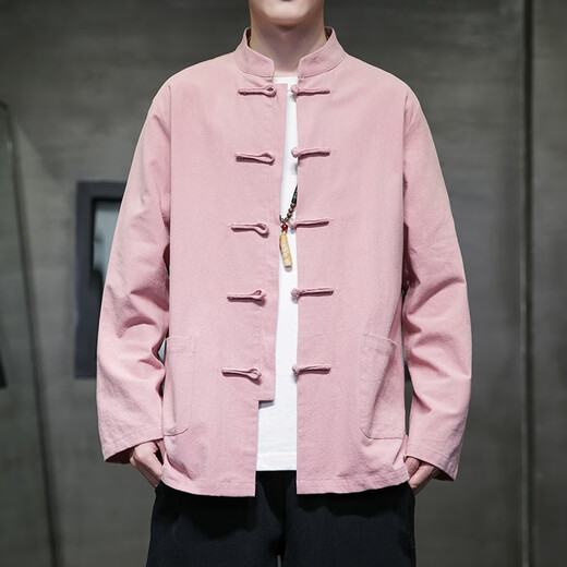 Huatianmu large size Chinese style shirt men's stand collar long sleeve retro style tunic tunic cotton and linen plate button spring and autumn jacket burgundy 3XL, recommended 150-170Jin Jin equals 0.5 kg