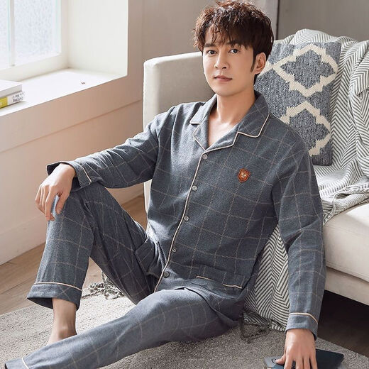 Pretty (qiaoliya) pure cotton men's pajamas summer thin long-sleeved cardigan plus fat plus larger lapel set home clothing 829 M