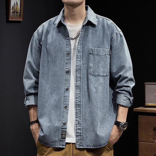罗蒙牛仔衬衫男士秋季户外重磅工装外套春秋季美式蓝色耐磨纯色上衣男 Z757蓝色 3XL