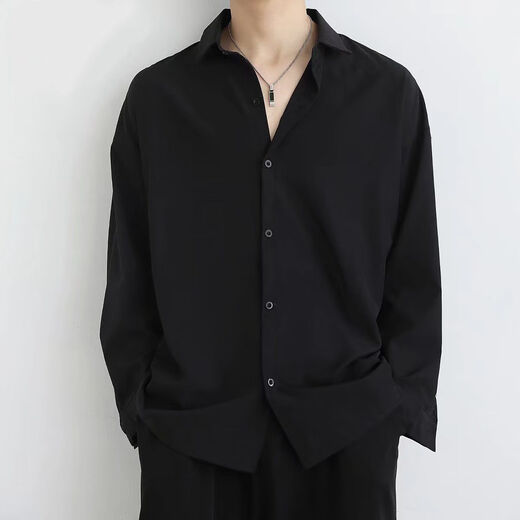 Tanghao Ice Silk Camisa negra Suit para hombres Mangas largas Desgaste sin planchar las mangas largas sueltas y casuales camisa blanca de niños blancos Camisa negra + pantalones negros + collar 2xl