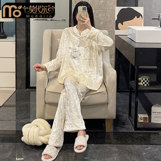 莫代尔金丝绒睡衣女春秋季长袖2025新款可外穿时尚秋冬天国风家居服套装 CM-753-香槟色 M