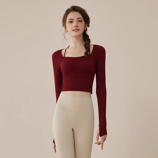 Youyou Yoga Wear Women's Sports 2025 Spring and Summer New Breathable Quick-Drying Pilates Training Wear Fitness Long Sleeve 34028 Burgundy Sports/Fitness/Yoga M (Recommended weight 100-110 Jin Jin equals 0.5 kg)
