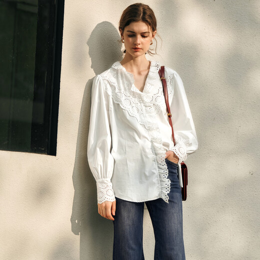 Olrain French white shirt spring and autumn women's lotus leaf collar embroidered hollow shirt temperament commuting white S