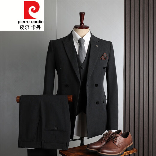 Pierre Cardin suit men's British style double-breasted business casual suit three-piece groom's wedding dress navy blue (suit + pants) 2XL (190)