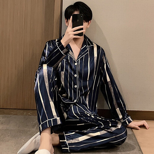 回访人春秋季冰丝睡衣男士长袖夏季宽松时尚开衫家居服套装加大码 K723#银色小字母 XL 125-145斤