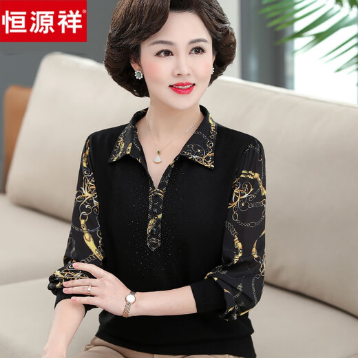 恒源祥妈妈夏装上衣洋气外穿中年印花衬衫女早秋长袖中老年春秋打底 16813 黑色 短.袖 M(建议80-100斤)