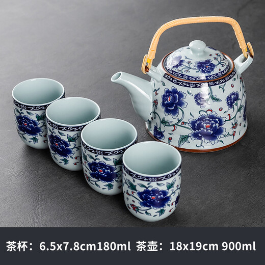 Tang Yao retro large teapot handlebar set one pot two cups single pot household large ceramic teacup herbal teapot large capacity handlebar teapot - blue peony (one pot four cups)