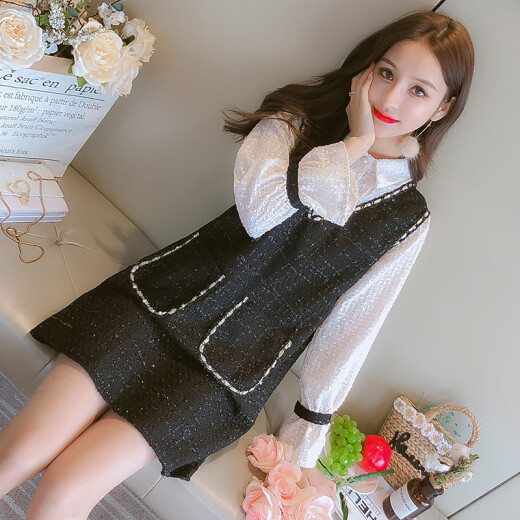 Langyue women's autumn small fragrance fake two-piece long-sleeved dress Korean version bell-sleeved doll skirt A-line skirt LWQZ201211 black and white L