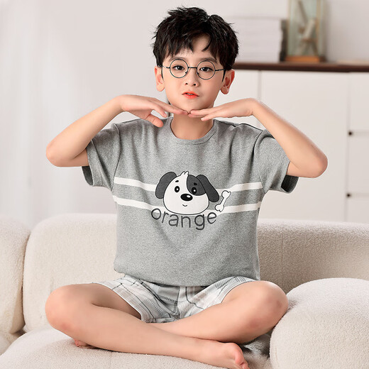 曼妮朵夏季儿童睡衣纯棉短袖短裤薄款男孩大童全棉青少年男童家居服套装 F724【双短】 XL码建议165-170cm