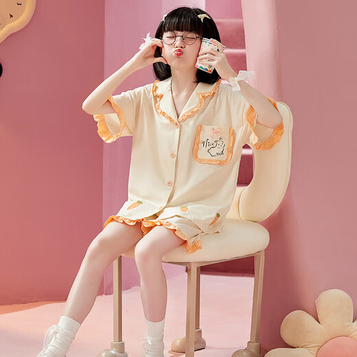 曼妮朵女童睡衣夏季纯棉小女孩新款儿童家居服宝宝开衫短袖短裤套装薄款 B4877绿【双短】 140cm 16码建议135-145cm