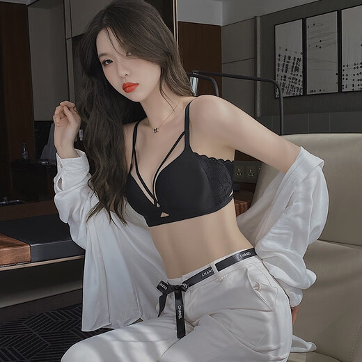 French Jerrie Mock brand traceless underwear for women gathering small breasts sexy thin style 2022 new upper-collecting secondary breast anti-sagging bra set 22W4865 gray purple 75B=34B (set)