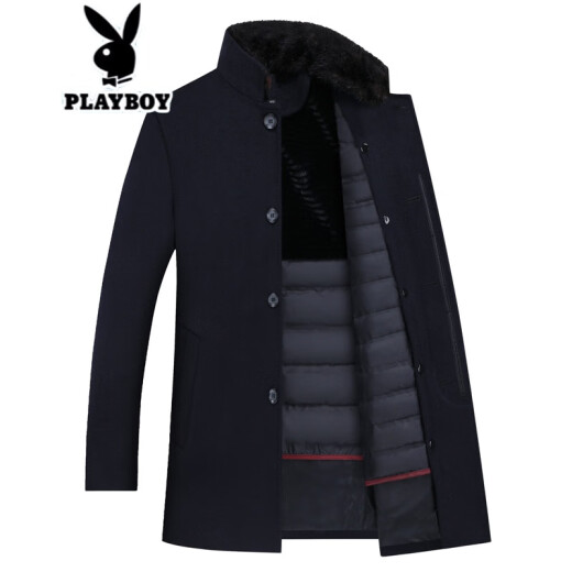Playboy woolen woolen coat for middle-aged and elderly men with removable lining woolen coat spring thickened stand-up collar navy blue 175-L