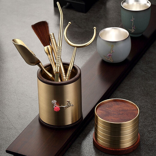 Jiutang pure brass tea set accessories inlaid with silver tea ceremony Liujunzi tea tweezers tea clip tea spoon tea knife set tea clips silver inlaid copper wood Liujunzi (orchid) ebony