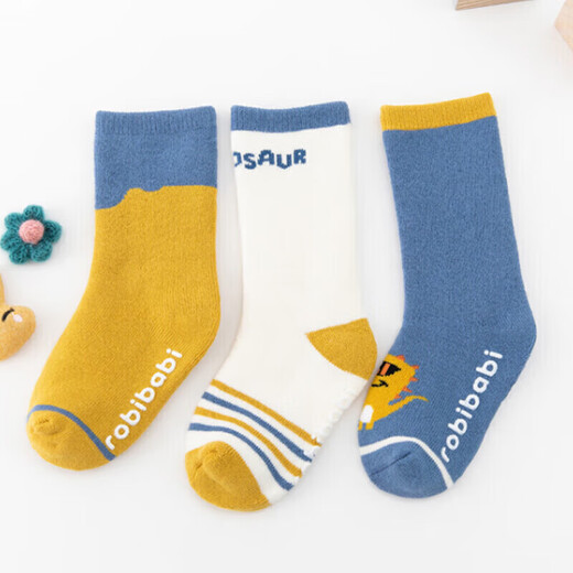 9i9 baby socks spring and autumn baby non-slip mid-calf socks newborn cotton socks terry 3 pairs A367 dinosaur