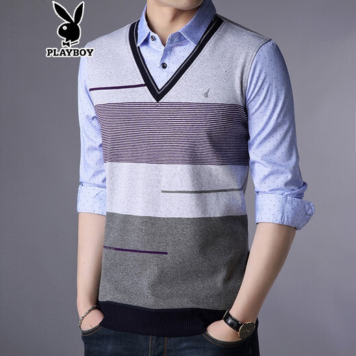 Camiseta de manga larga de Playboy Spring Camiseta de algodón para hombres de algodón de mediana edad y camiseta de gran tamaño de jóvenes camiseta de dos piezas de dos piezas de dos piezas ropa de otoño 3879 azul 165/m