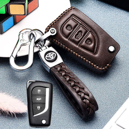 Geeignet für den neuen 2021 Toyota Corolla Key Cover echtes Leder 2019 Corolla Key Case Dual-Motor-Mode-High-End-Schnalle für Männer und Frauen-D-Style-Schwarz (14-18 Modelle mit One-Click-Start)