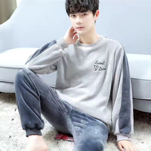 Yishan House Coral Velvet Pajamas Men's Fall and Winter Thickened Fleece Teenagers Winter Men's Large Size Flannel Home Clothing Set HJ Heart Shaped Letter Gray XL Code Recommendation (135 Jin [Jin equals 0.5 kg])
