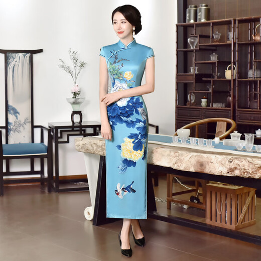 Timochi catwalk welcome cheongsam Chinese style blue and white porcelain long elegant young girl 2022 improved performance dress 2806 XL