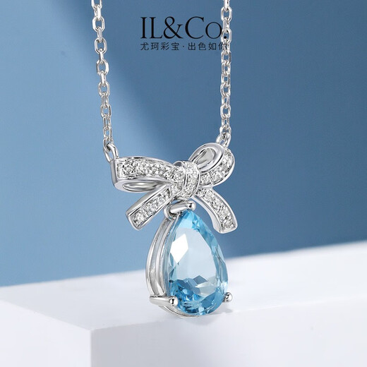 IL&CO Youke's birthday gift, Sea Breeze and Dream, white 18K gold aquamarine diamond pendant with bow design, aquamarine*about 1 carat