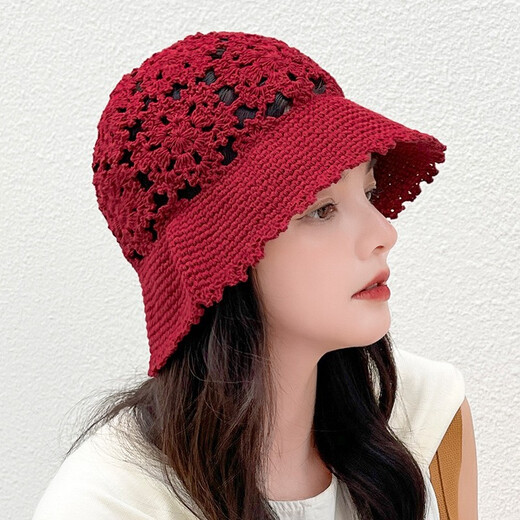 NZTK Fisherman Women's Hat Fin à la mode et à la mode Chatte de crochet creux de la femme Fleur en tricot en tricot en tout-coup montre le petit visage MT683 Bourgogne 55-60cm