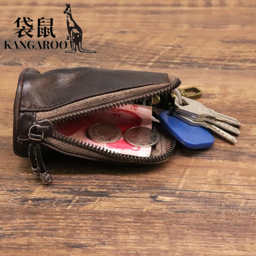 袋鼠（KANGAROO）新款头层牛皮植鞣皮复古做旧钥匙包男士大容量腰挂做旧牛皮钥匙包 咖色