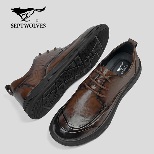 Septwolves men's shoes winter 2025 new British style first layer cowhide genuine leather shoes for men thick sole formal business casual shoes for men brown 41