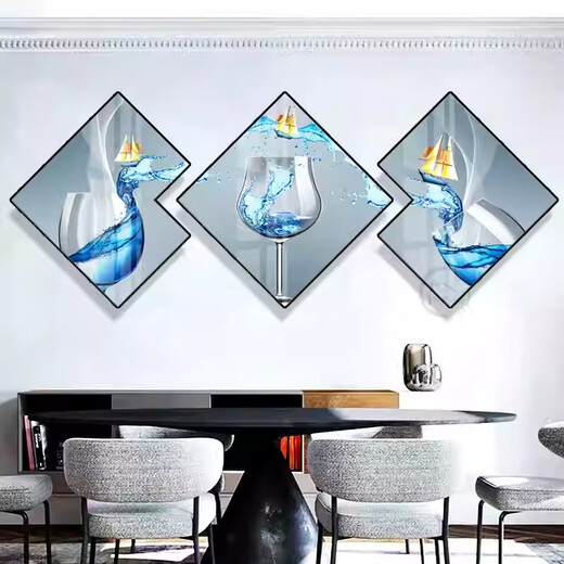 Aohan Modern Restaurant Decoration Painting Creative Wine Glass Multi-sided Rhombus Painting Hall Dining Table Background Wall Hanging Painting Dining Room Wall Mural JD15827 50*50/50*50/50*50 Textured Oil Canvas Aluminum Alloy Black Frame